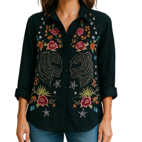 Johnny Was Tops - Johnny Was heavily embroidered omega shirt (oversized) NWT RARE